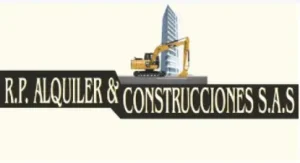 Logo de RP Alquiler y Construcciones S.A.S. con excavadora y edificio.